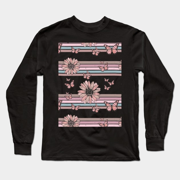 Retro Daisies floral pattern design with butterflies Long Sleeve T-Shirt by Mastilo Designs